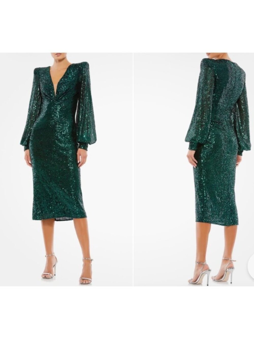 Mac Duggal 26866 Emerald Sequined Structured Bishop Sleeve Midi Dress Size 4